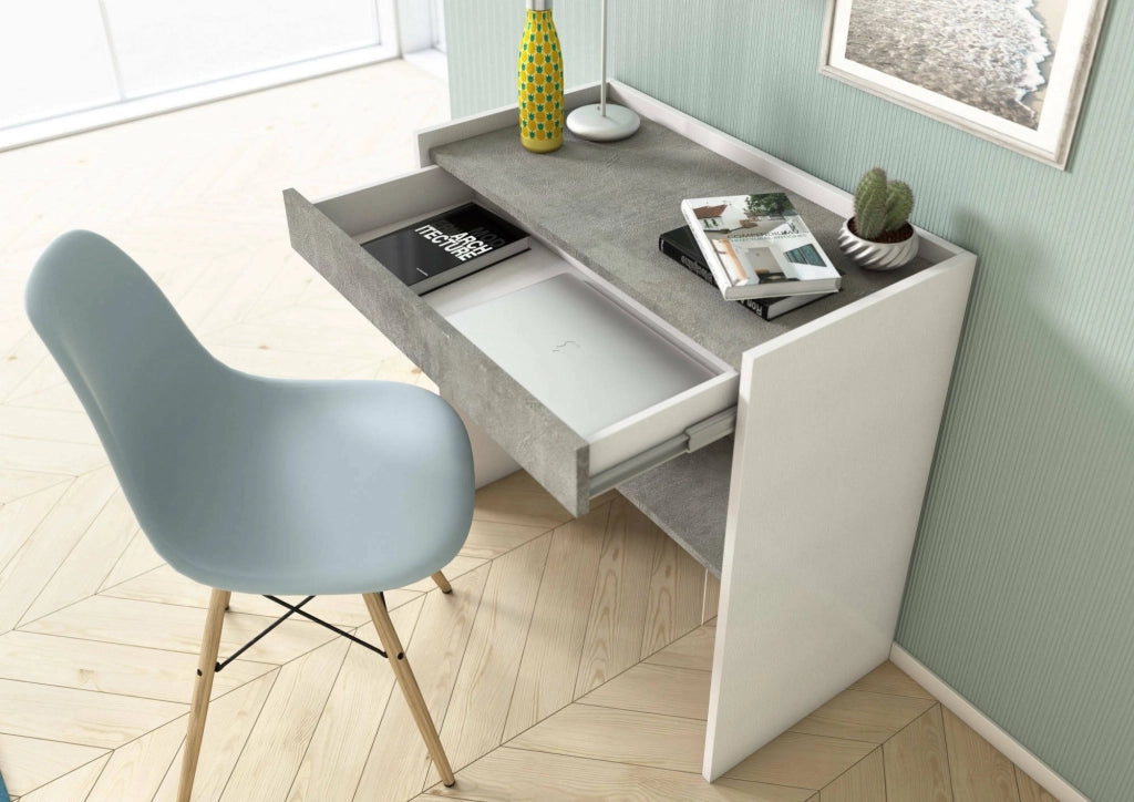 Scrivania Adri, Scrittoio moderno con cassetto, Tavolo da studio o ufficio porta PC portalibri, Made in Italy, Cm 80x40h79, Bianco e Cemento