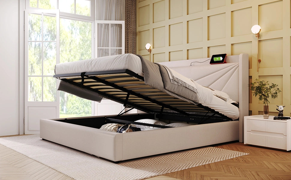 Letto matrimoniale contenitore 160x200 in cotone e lino con USB Type-C, testiera geometrica e rete a doghe