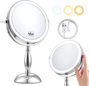 Specchio di trucco illuminato, specchio di trucco 8" 3-colori caricabile, 15x ingrandimento specchio con regolazione di luminosità, 360° rotazione specchio da tavolo bifacciale