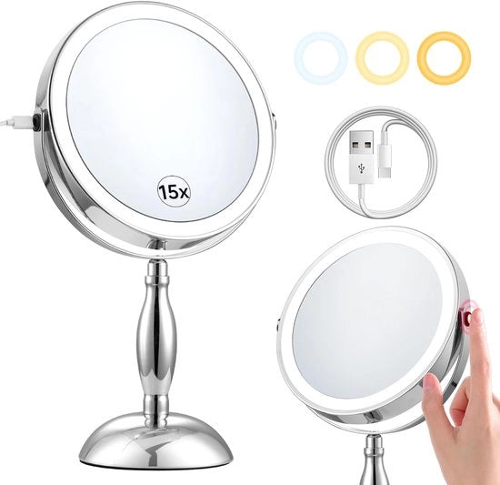 Specchio di trucco illuminato, specchio di trucco 8" 3-colori caricabile, 15x ingrandimento specchio con regolazione di luminosità, 360° rotazione specchio da tavolo bifacciale