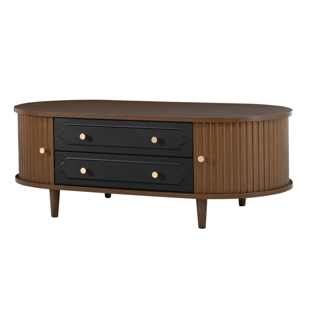 Tavolino da salotto 100x50x36 cm con 2 cassetti e 2 ante a rullo in truciolare; noce e nero