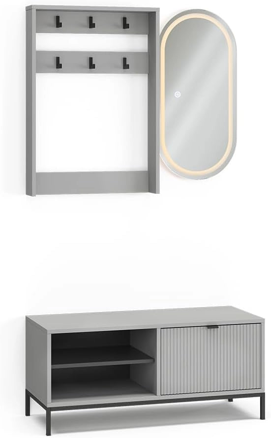 Armadio da ingresso Eliza, Grigio, 100 x 45 cm Set, 3 parti, adatto per montaggio a parete e appendiabiti