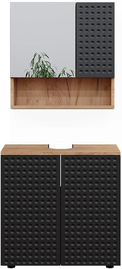 Set mobili bagno Irma, Antracite puntinato, 80 cm, composto da specchio da bagno e mobile sottolavabo