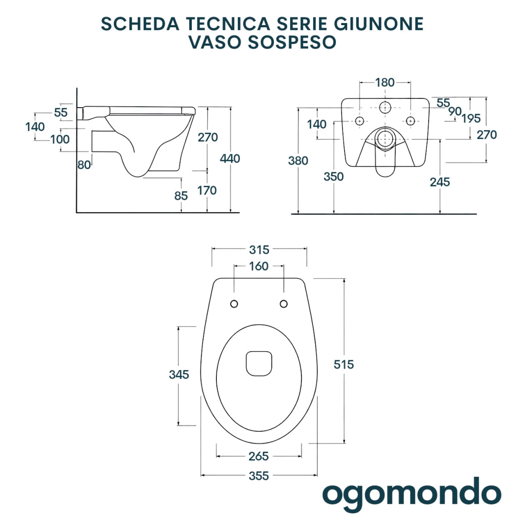Vaso wc sospeso giunone ceramica bianco lucido scarico a parete *** accessori senza fissaggi, confezione 1