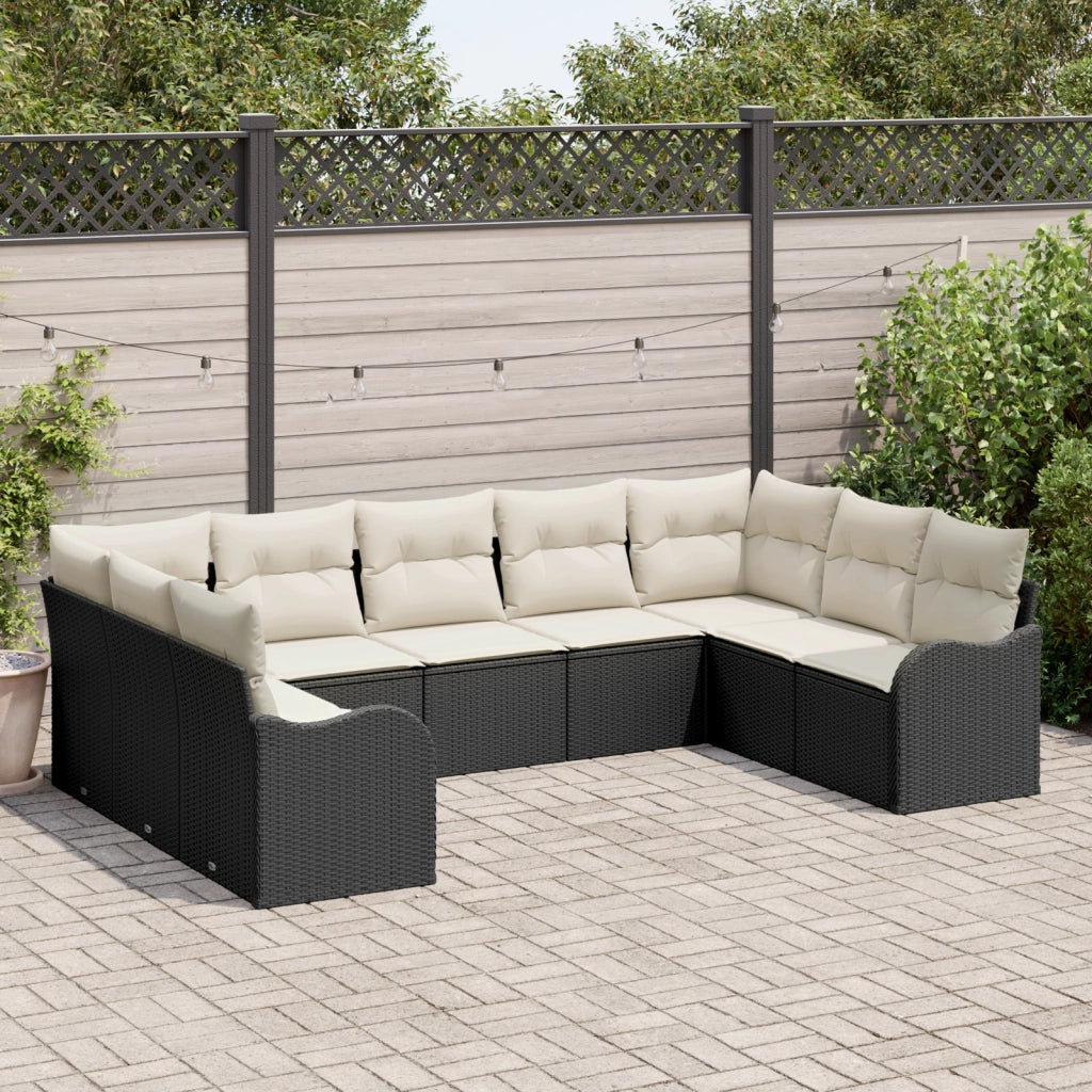 Set divano da giardino 9 pezzi con cuscini Nero Polirattan