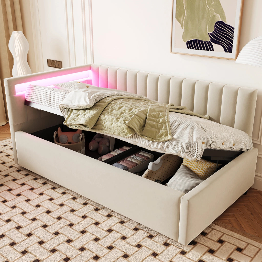 Letti contenitori 90x200 cm con LED e contenitore idraulico; velluto beige (Senza materasso)