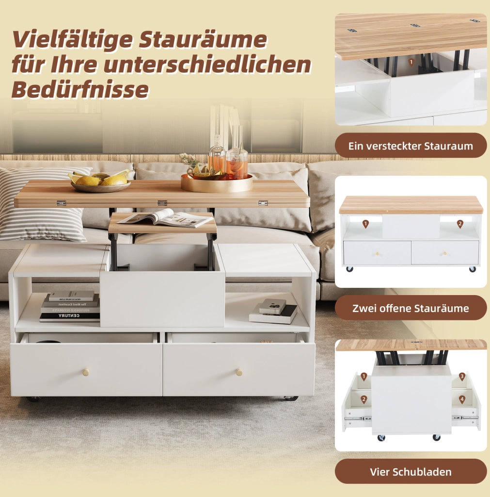 Tavolino da caffè elevabile MDF con 4 cassetti e ruote