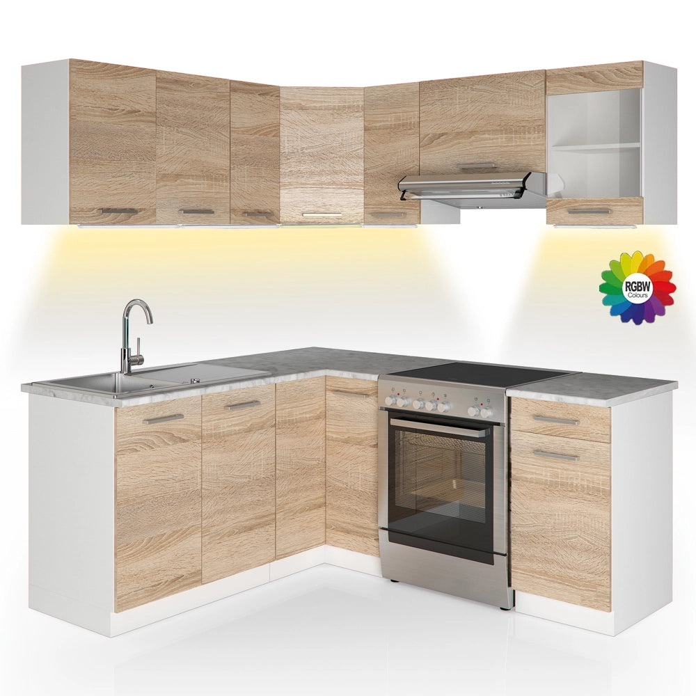 Vicco Cucina ad angolo Bianco/Sonoma 187 x 167 cm , PL Marmo con striscia LED