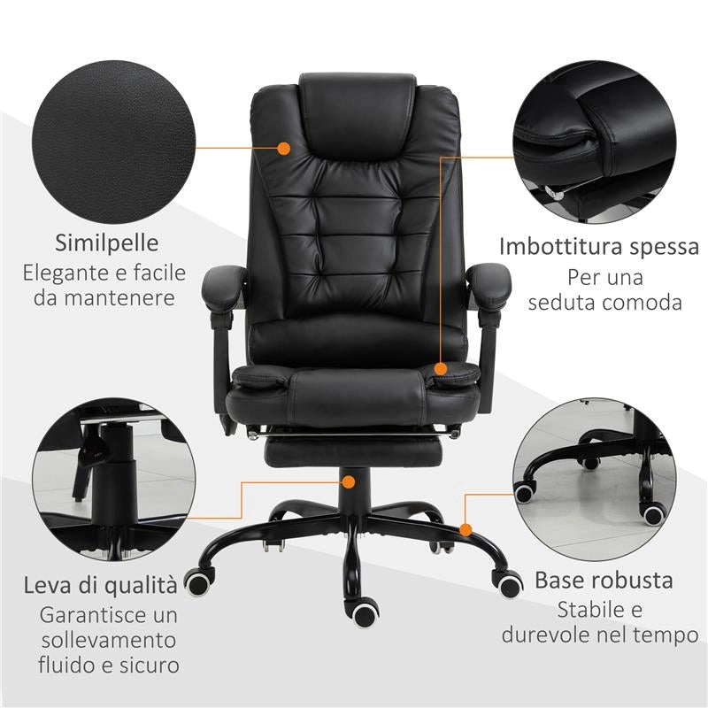 POLTRONA DA UFFICIO CON 7 PUNTI VIBRANTI, POGGIAPIEDI E SCHIENALE RECLINABILE A 155°, NERO