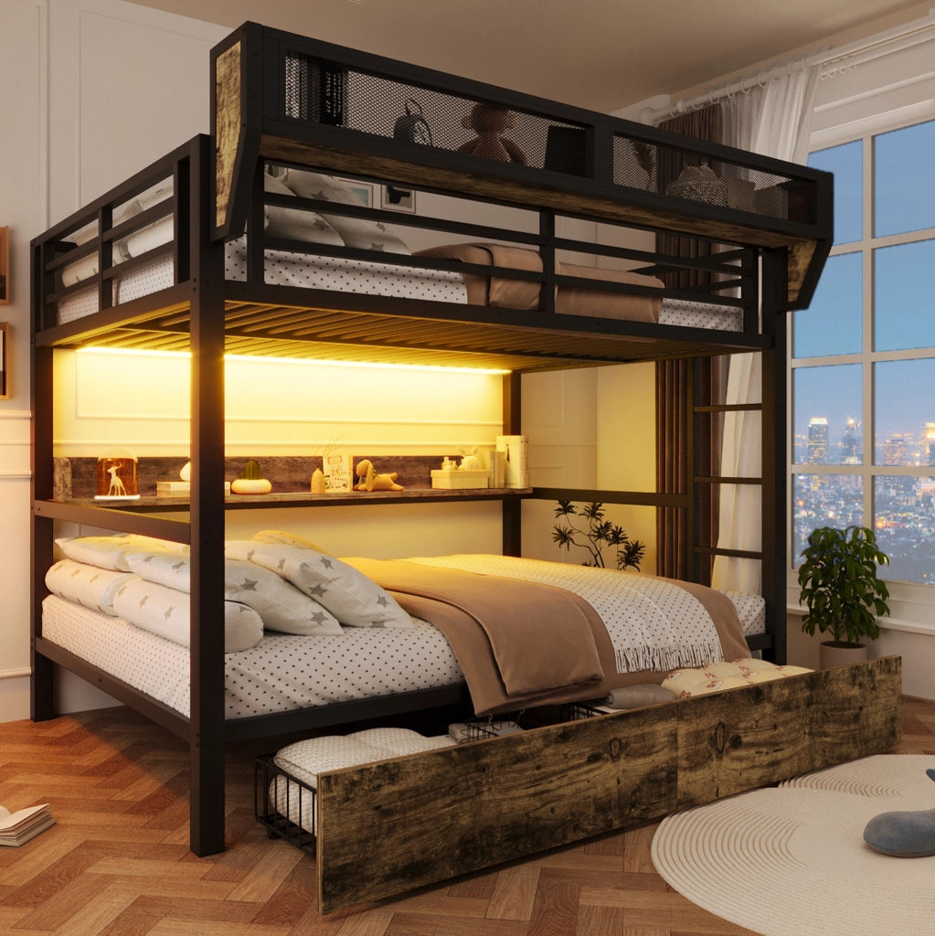Letto a castello 204x163x176.5 cm con LED; cassetti e ripiano in MDF e metallo nero