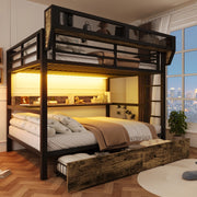 Letto a castello 204x163x176.5 cm con LED; cassetti e ripiano in MDF e metallo nero