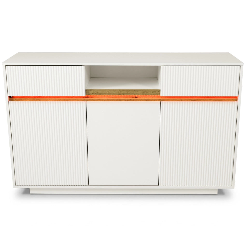 Madia bianca 140 x 40 x 85 cm con LED; 2 cassetti e ripiani regolabili