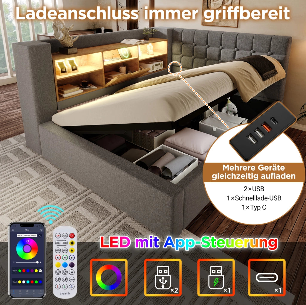 Letto imbottito 140x200 cm con LED, vano contenitore e testiera L