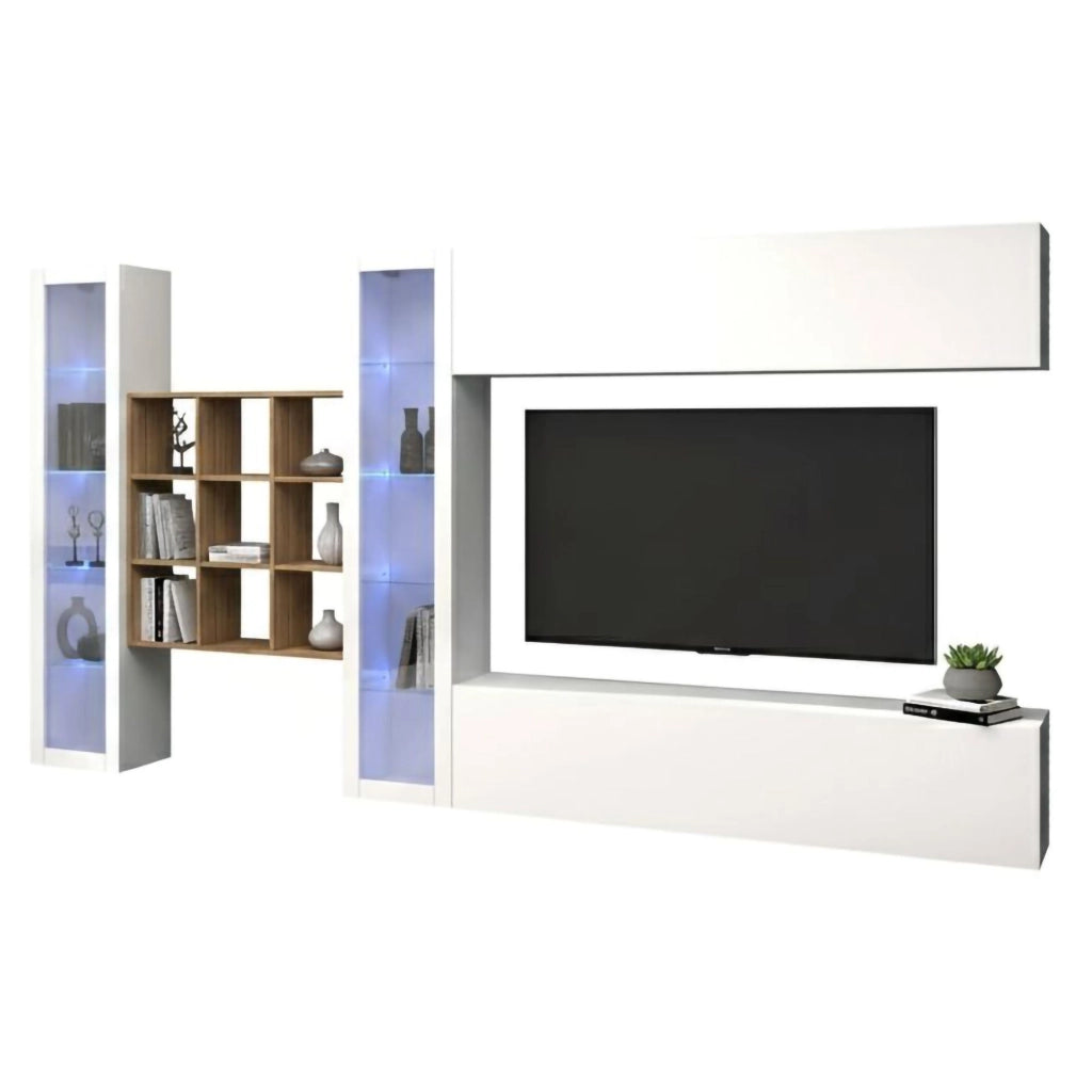 Mobile Soggiorno Avella, Parete Attrezzata 20 Ripiani Made in Italy, 350x30x180h cm Bianco Lucido