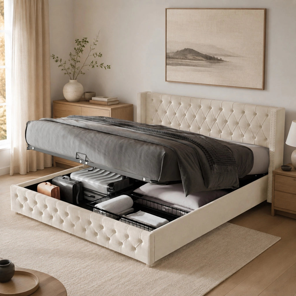 Letto matrimoniale imbottito 160x200 cm in velluto beige con contenitore e rete a doghe, stile Chesterfield