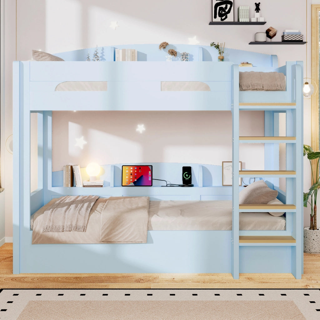 Letto a castello 90x200 cm con USB e vani portaoggetti; blu
