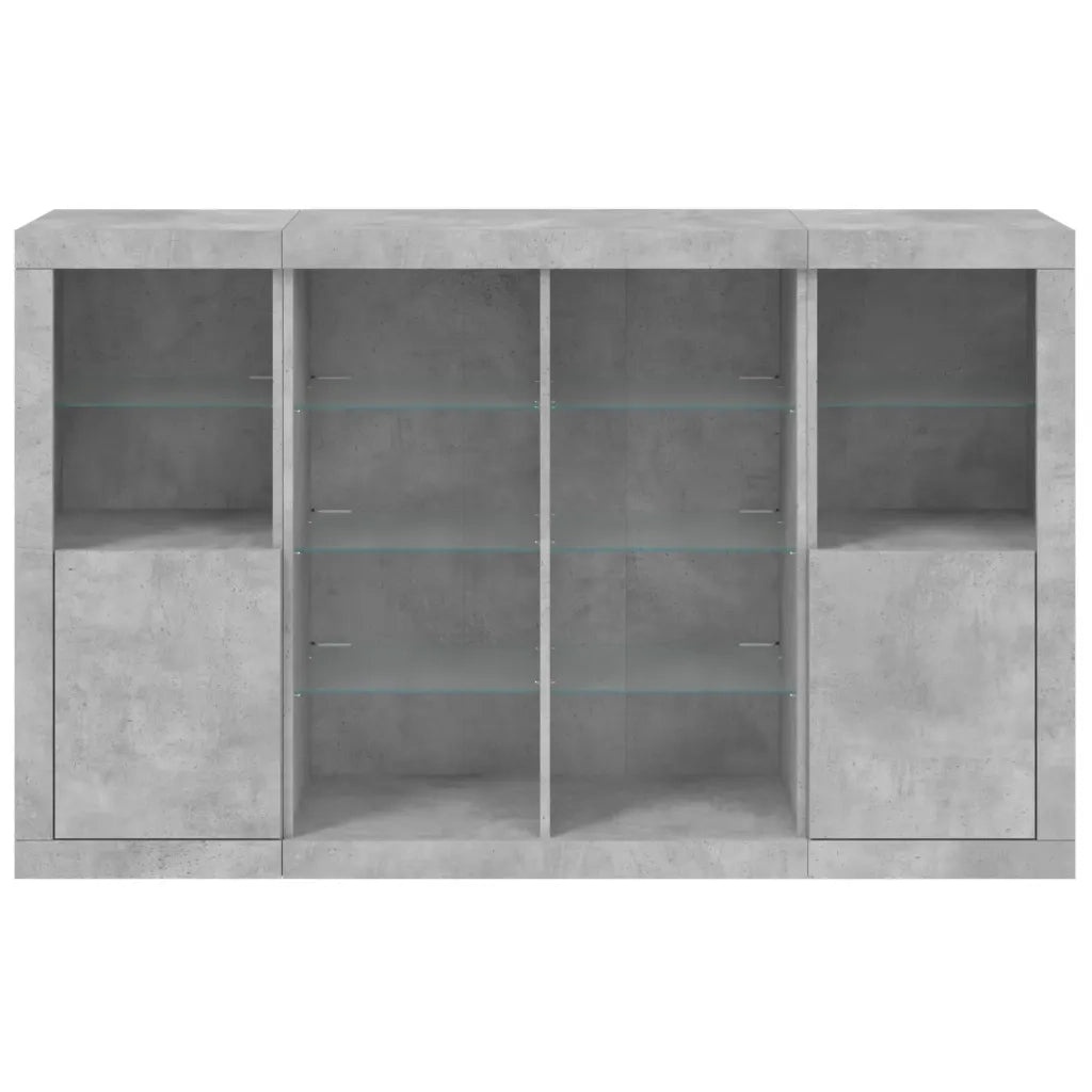 Credenze con Luci LED 3 pz Grigio Cemento in Legno Multistrato