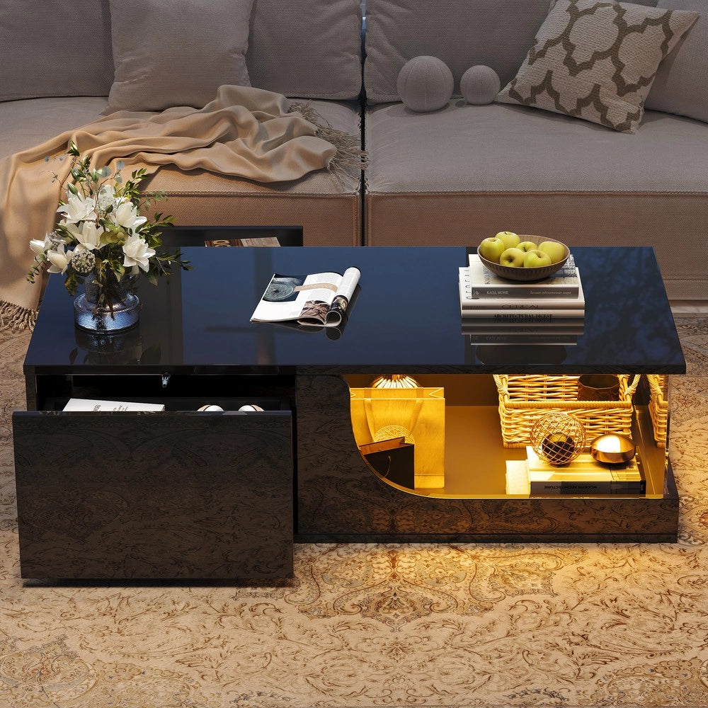 Tavolino da Caff¨¨ con 2 Cassetti e LED ¨C MINIMAL ¨C MDF/Vetro Temperato Nero Lucido 100x50x30