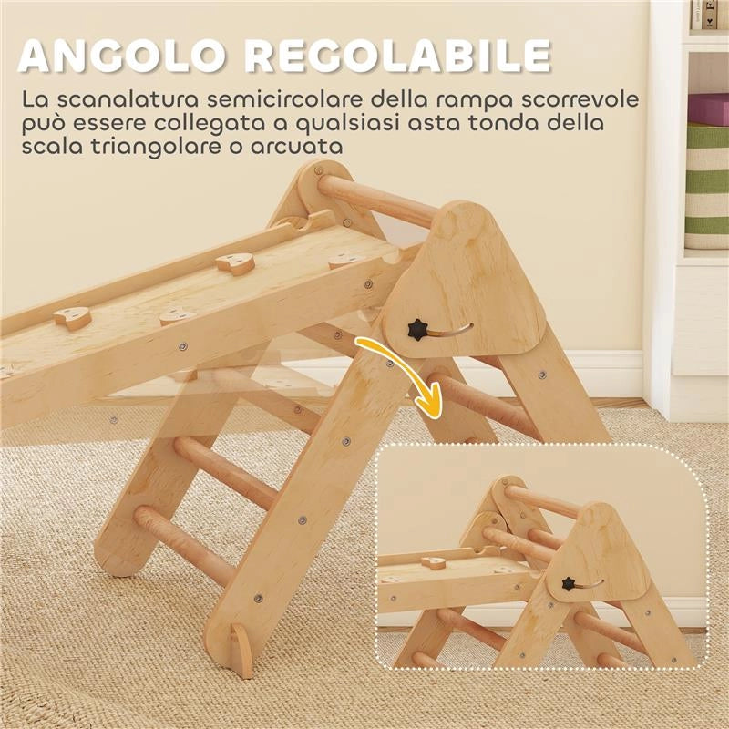 GIOCO PER BAMBINI 5 IN 1 CON TRIANGOLO, PARETE LISCIA E ARCO, IN LEGNO DI PIOPPO E PINO, 188X70X59 CM