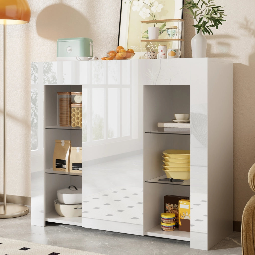 Credenza con 1 Anta e Ripiani in Vetro; Frontale Bianco Lucido; Stile Moderno; in Pannello Truciolare; 95??35??83 cm
