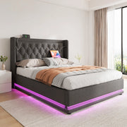 Letto 140x200 cm con contenitore idraulico, LED, USB e USB-C in cotone grigio