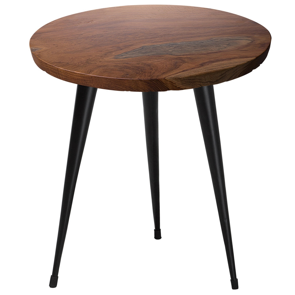 Tavolino Piano In Legno Teak Scuro Gambe Nere 45 cm Classico Rotondo Stile Rustico