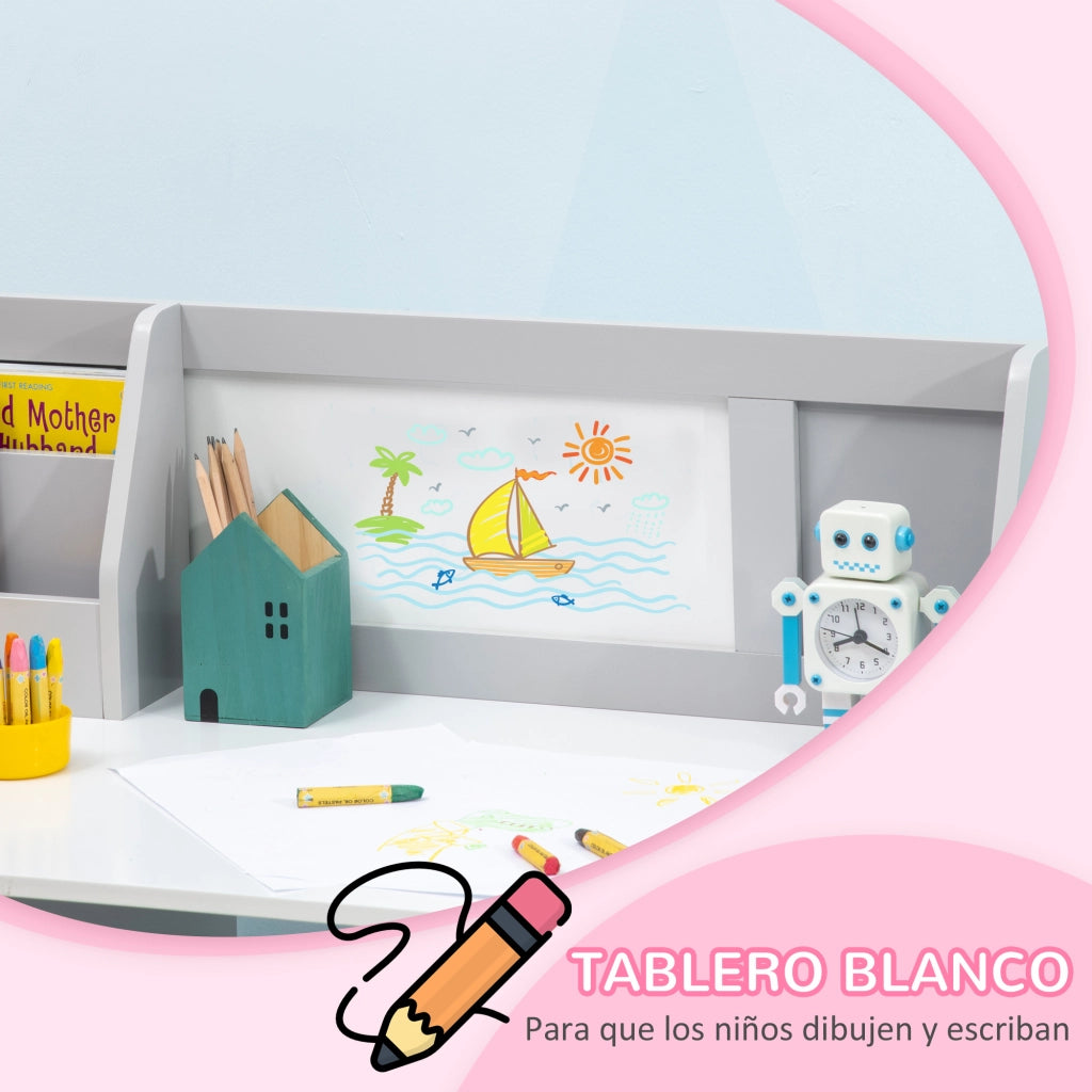 Scrivania per Bambini con Sedia, Organizzatore e Lavagna ¨C Zephmum ¨C Grigio, Legno, 90x45x85 cm