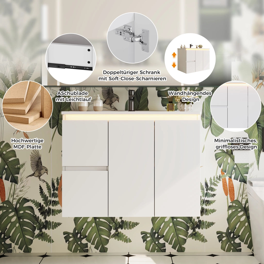 Mobile sottolavabo con 2 cassetti e lavabo integrato, LED a sensore radar, per bagno, in MDF e ceramica, bianco, 76 × 47 × 57 cm