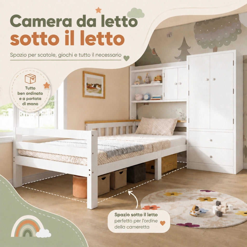 Letto per bambini 90 x 200 cm con armadio integrato e cassetti; legno e MDF bianco