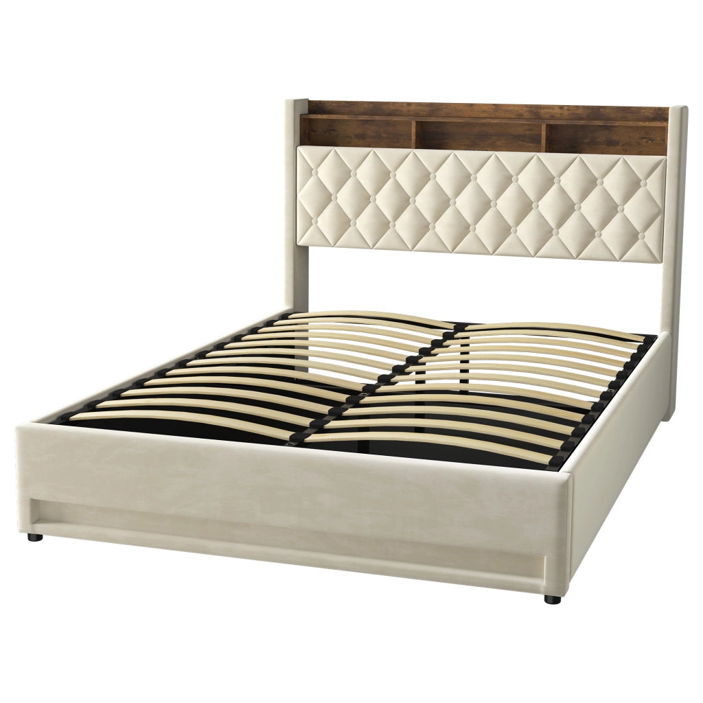 Letto matrimoniale imbottito 160x200 cm in velluto con LED RGB, contenitore idraulico e testiera con USB