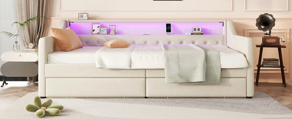 DESMIU Letto Divano 90 × 200 cm 1 piazza con 2 cassetti, LED regolabile, USB e senza materasso, in lino, beige
