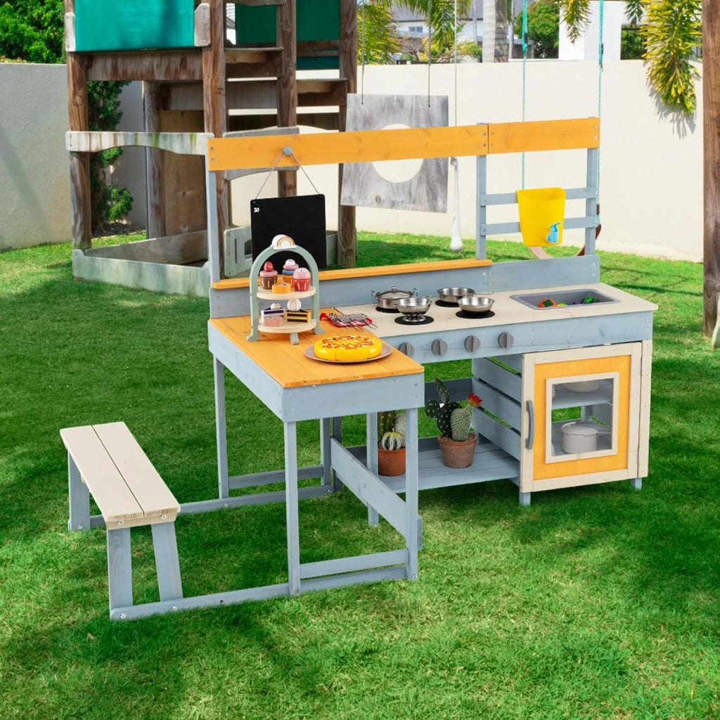 Cucina Giocattolo per Giardino con Tavolo e Panchina da Picnic, Cucina per Bambini in Legno di Abete con Fornelli, Lavandino, Lavagna e Forno, con 17 Accessori, 150 x 71 x 98 cm (Grigio 1)