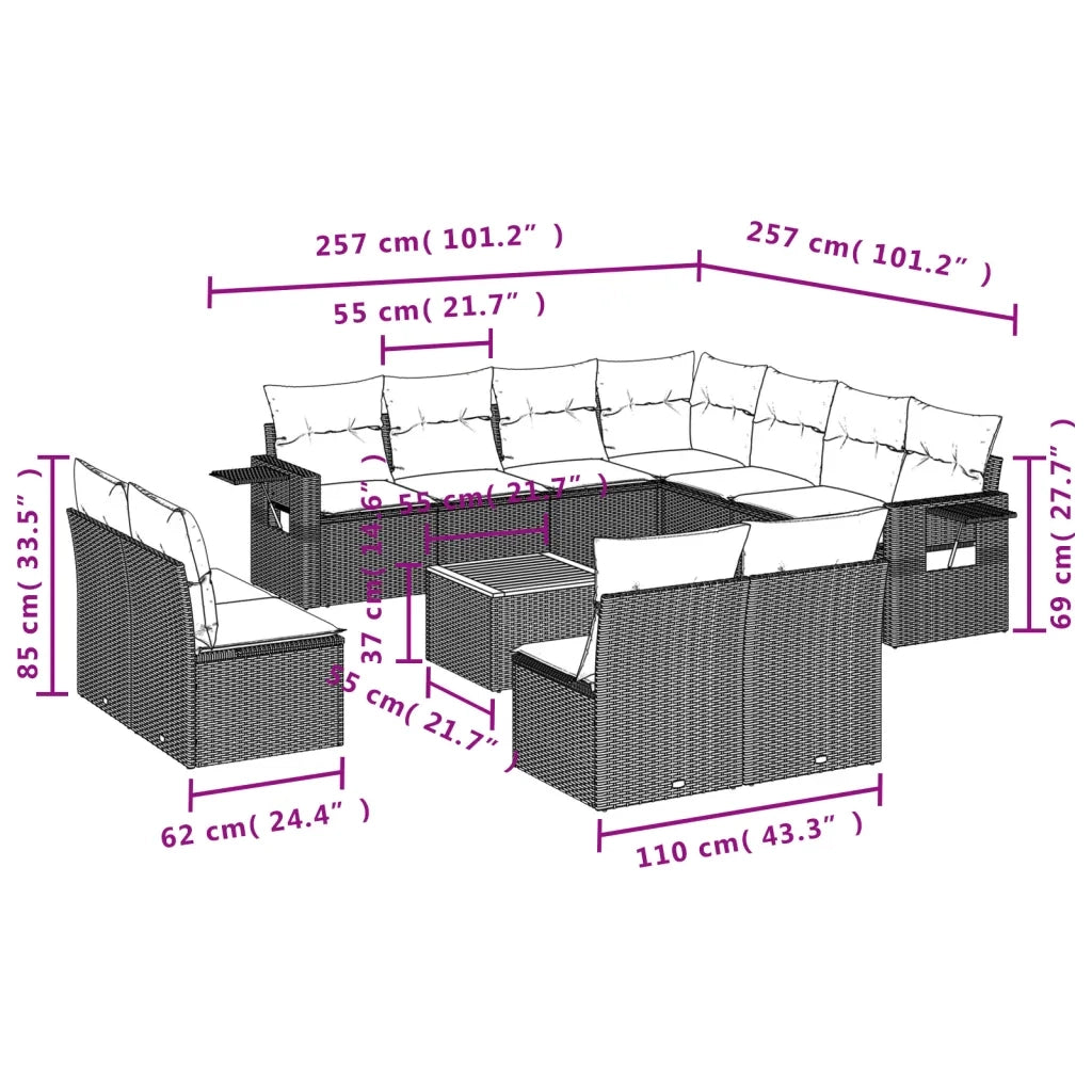 Set Divani da Giardino 12 pz con Cuscini Nero in Polyrattan 3256951