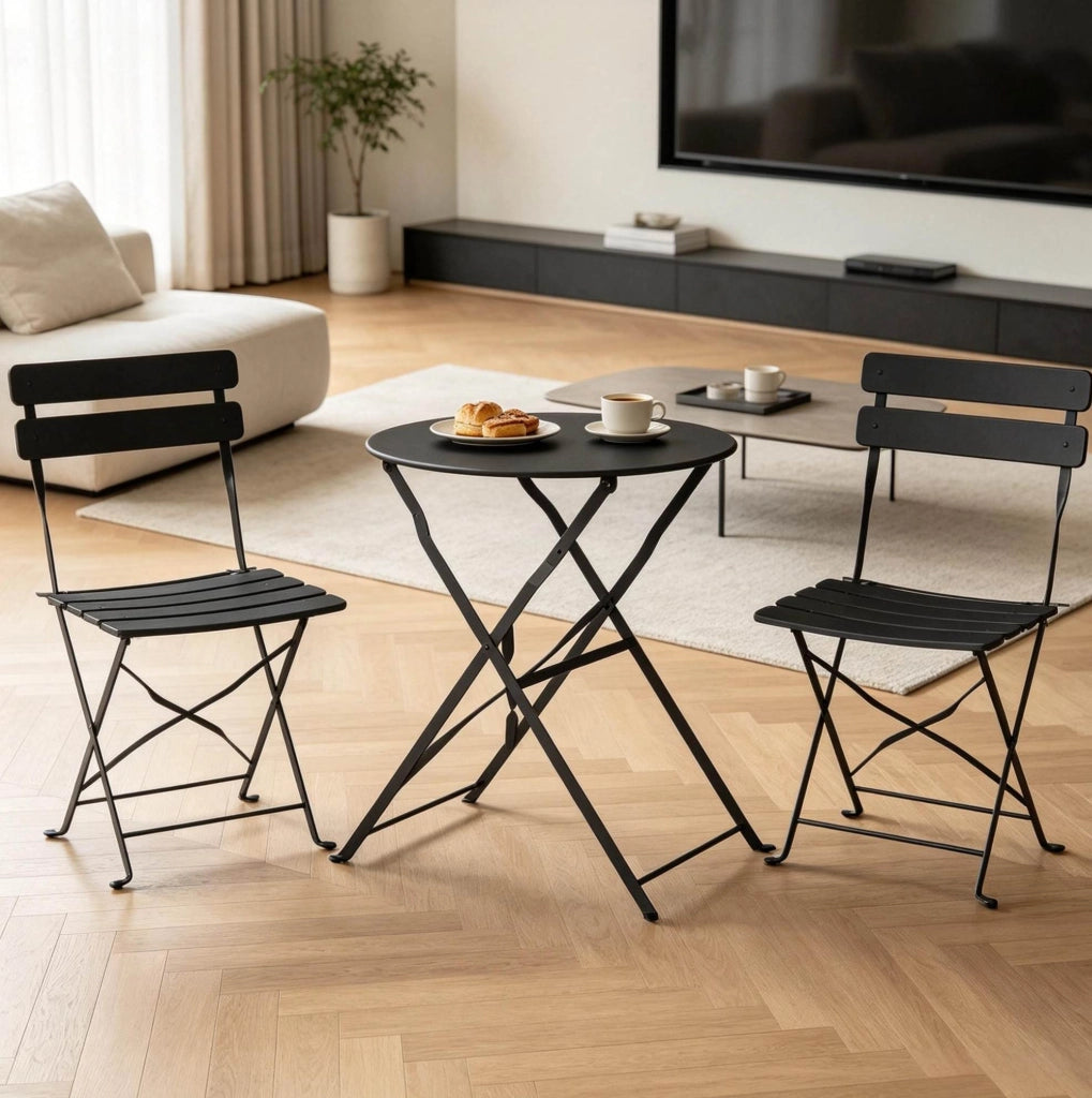 Set bistrot pieghevole da esterno 3 pezzi con tavolo rotondo Ø58 cm in metallo nero