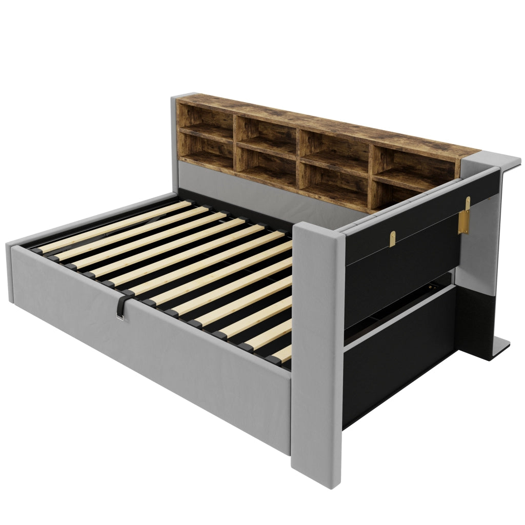 DESMIU Letto divano 90 × 200 cm 1 piazza con contenitore idraulico, luce LED, USB e Type-C, senza materasso, in velluto, grigio
