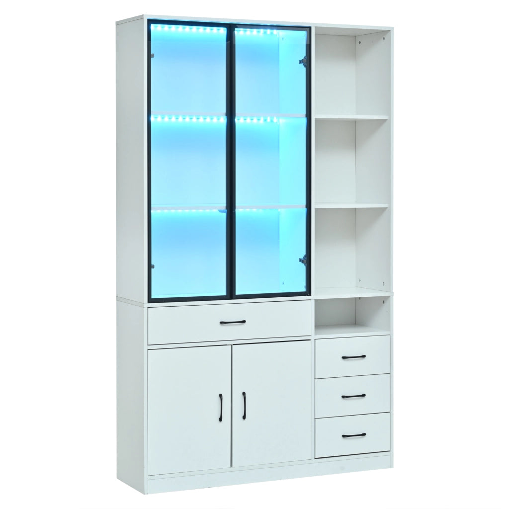Vetrina con 2 ante in vetro; 4 cassetti e LED - per soggiorno - 120×35×200 cm - bianco
