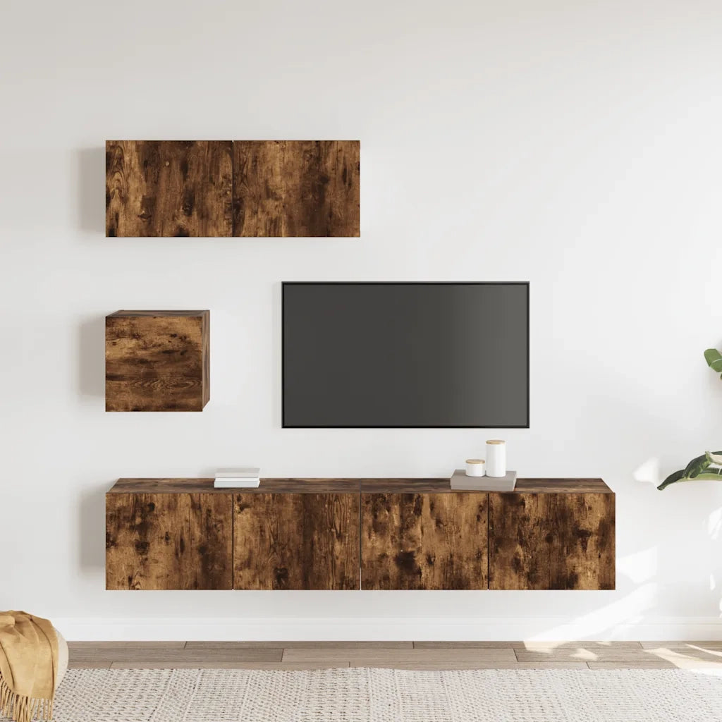 Set di Mobili Porta TV 4 pz Rovere Fumo in Legno Multistrato cod mxl 12150