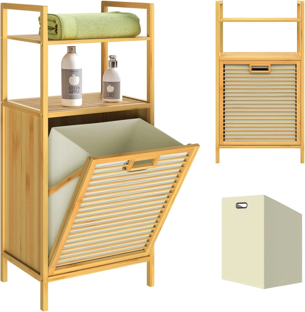 Mobile da Bagno con Cesta per Biancheria 36l Armadietto in Bambù 2 Ripiani con Cesto Panni Mobiletto Portabiancheria 95x40x30cm