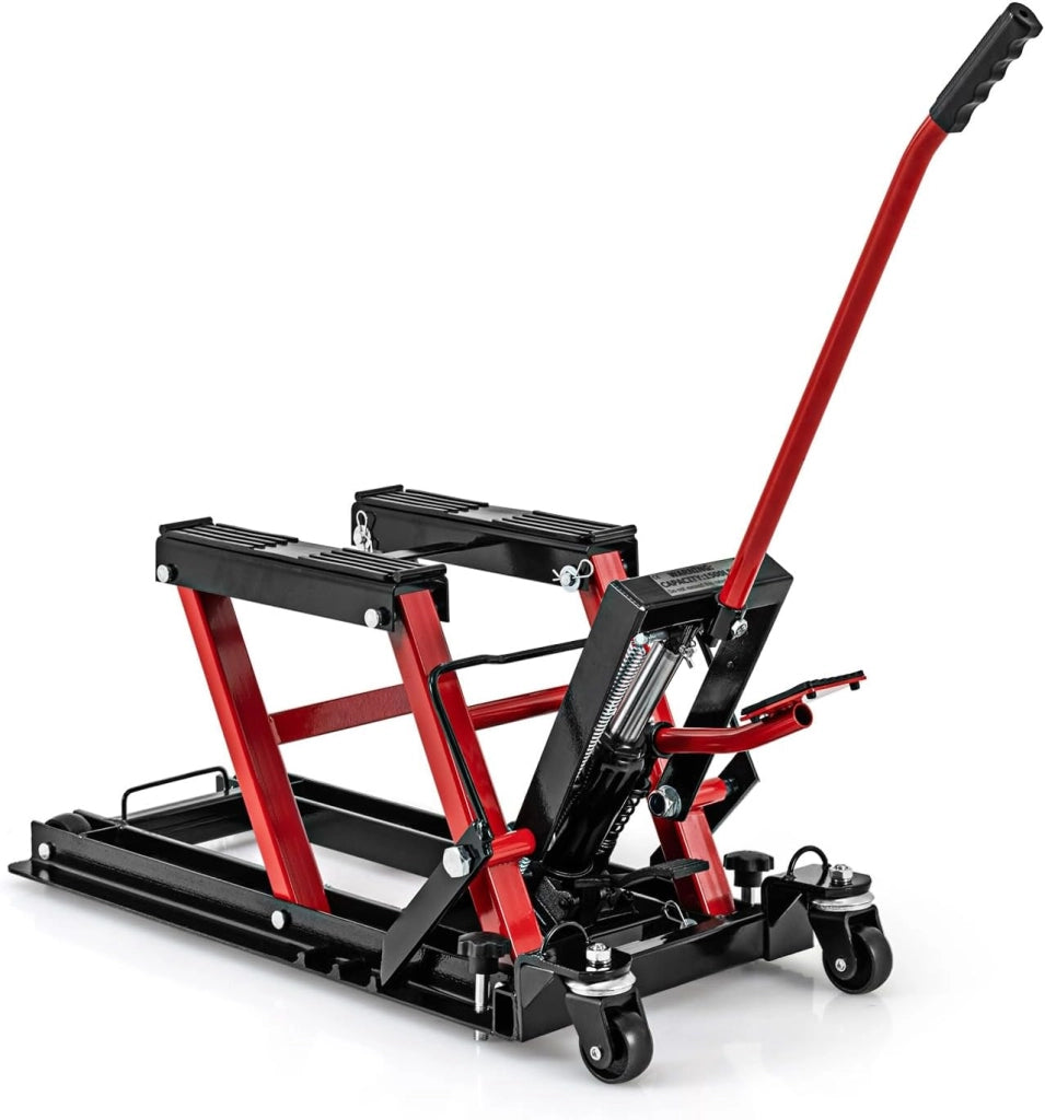 Ponte Sollevatore Idraulico per Moto, Sollevatore Motociclette Fino a 680 kg, Cric Alzamoto con Ruote e Piattaforma Regolabile in Altezza a Pedale Resistente per ATV, UTV per Officina (Rosso)
