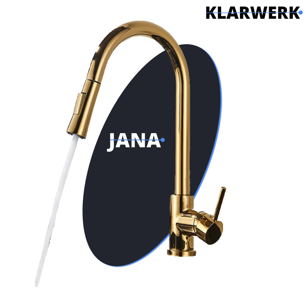 JANA | Rubinetto da cucina estraibile Premium in acciaio inox oro lucido miscelatore arco alto | gastro alta pressione ruotabile a 360° 2 attacchi