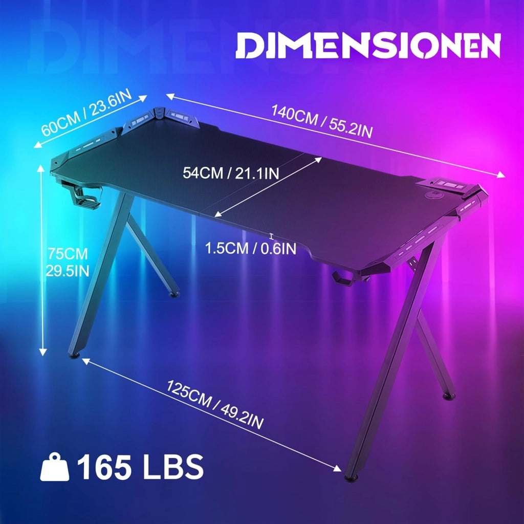 Tavolo da gioco con LED, 140 x 60 cm, scrivania da gioco con porta bevande e gancio per cuffie, tavolo da gioco con rivestimento in fibra di carbonio, nero, telaio a Y