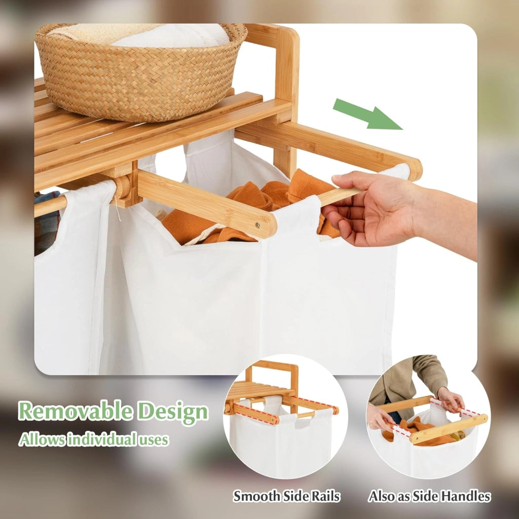 Armadietto per la biancheria con 2 cesti per la biancheria, 2 scomparti e ripiano, in bambù, per il bagno, 64 x 33 x 73 cm (Bianco)