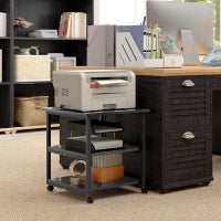Carrello Porta Stampante a 3 Ripiani con 4 Ruote, Legno e Acciaio, 50x50x52.5cm, Nero