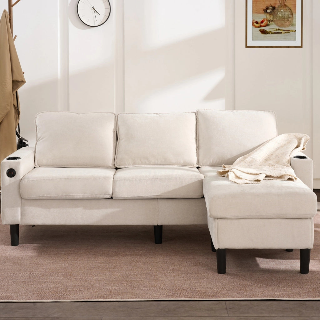Divano imbottito beige a 3 posti con USB, Type-C e portabicchieri, divano angolare a L con pouf combinabile