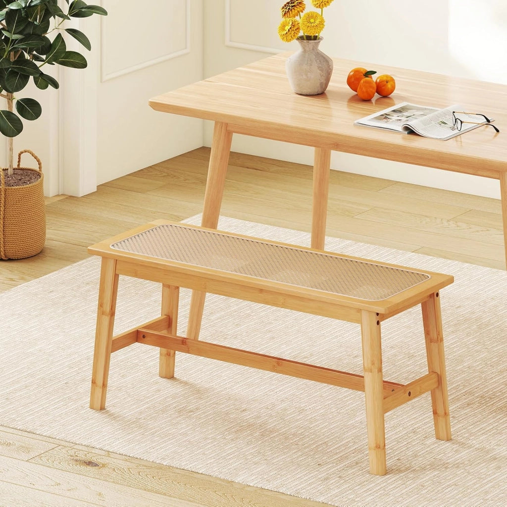 Panca d'Ingresso in Bambù, Sgabello da Pavimento con Seduta Traspirante in Rattan, Stile Rustico, 100x35x45 cm, Portata Fino a 300 kg, per Ingresso, Sala da Pranzo e Camera da Letto
