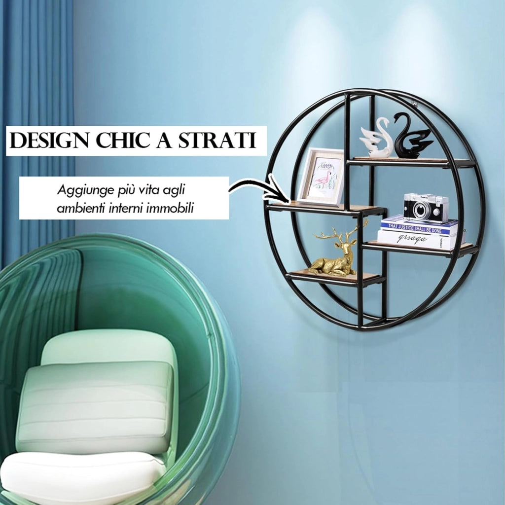 Mensola da Muro Design, Scaffale Rotondo da Parete, Libreria con 4 Ripiani Salvaspazio, per Cucina Camera da Letto Soggiorno, 55 x 55 x 11 cm