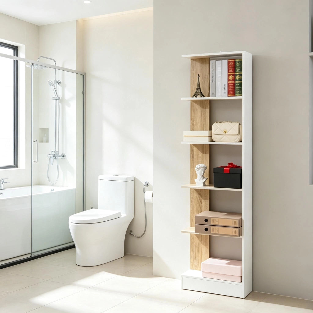 Libreria da terra a 5 scomparti aperti in pannello E1, 45x21x170 cm, rovere/bianco