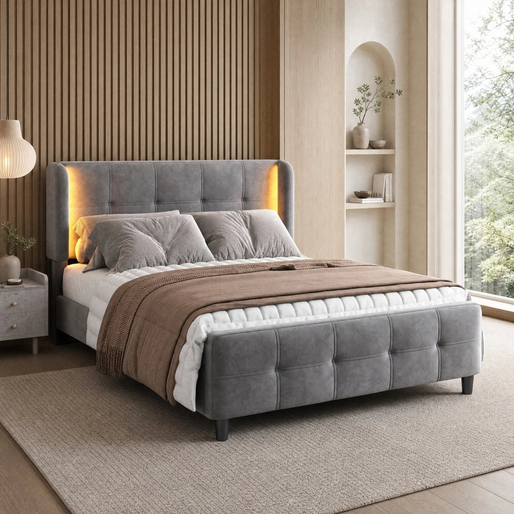Letto matrimoniale imbottito grigio 140x200 cm con LED