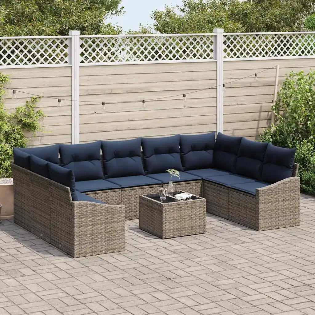 Set Divano da Giardino 10 pcs Grigio e Blu Navy polyrattan