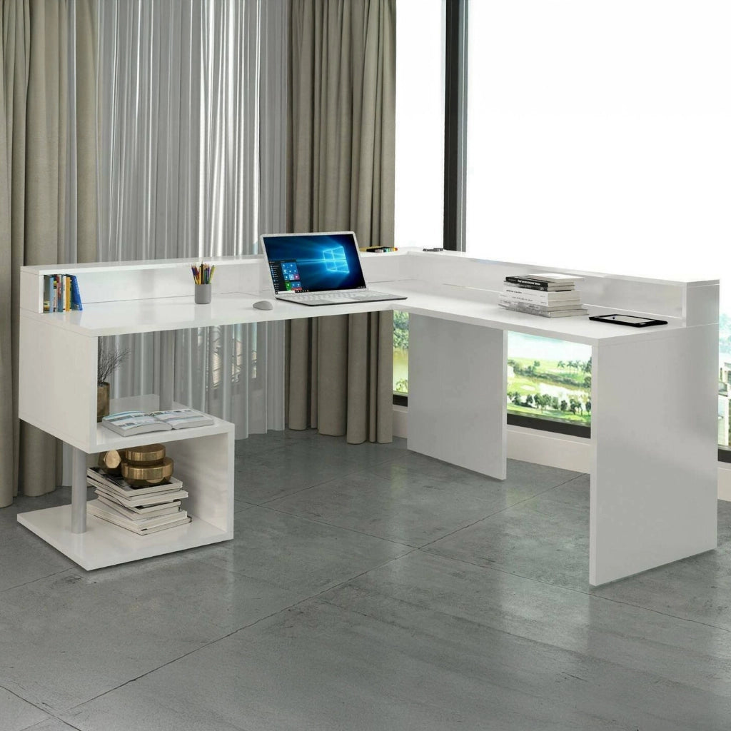 Scrivania Auletta, Scrittoio angolare con ripiani portaoggetti, Scrivania ufficio multiuso con sopralzo, 180x60h93 cm, Bianco